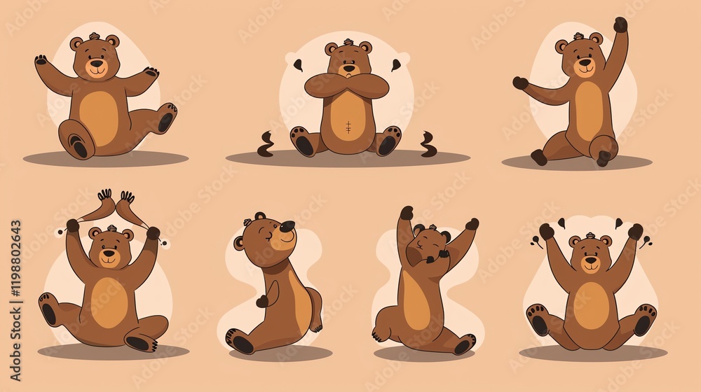 Fototapeta premium A set of cartoon bears with different expressions and poses.