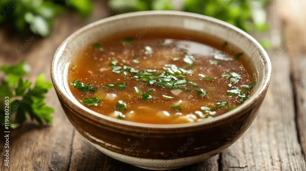 A bowl of onion soup on wooden table A bowl of onion soup on wooden table
