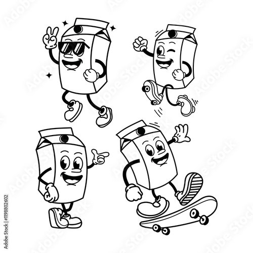 set Vector cartoon illustration of milk packaging mascot with happy expression