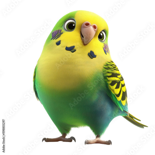 Vibrant Cartoon Budgerigar Character with Bright Green and Yellow Feathers Enjoying Life