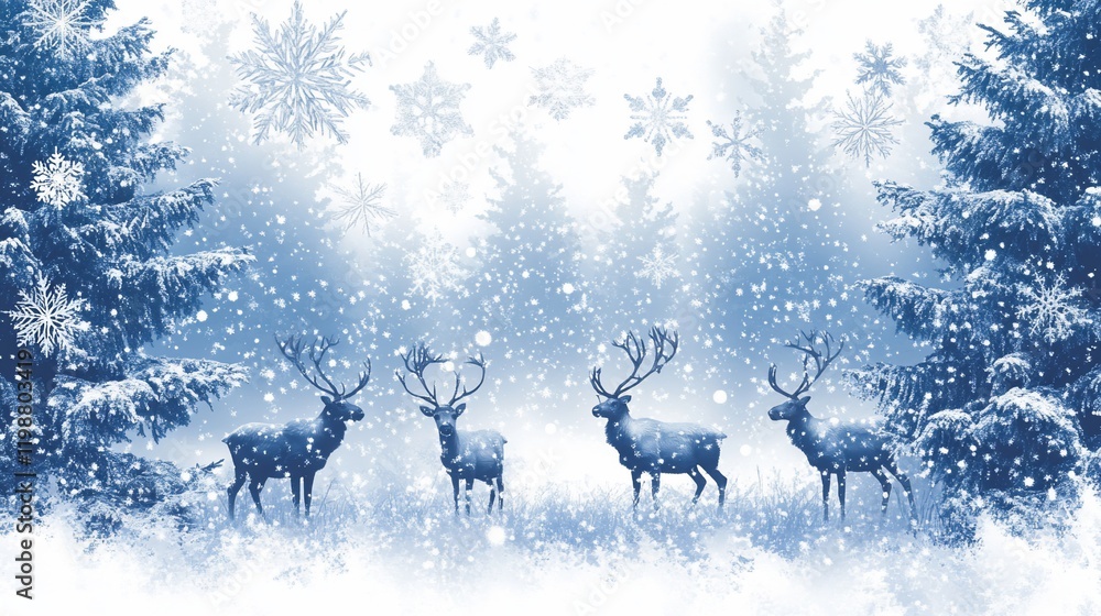 Four majestic deer stand in a snowy forest with falling snowflakes. Four majestic deer stand in a snowy forest with falling snowflakes.