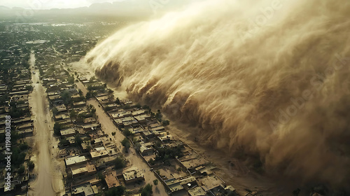 massive dust storm approaches small settlement, creating intense atmosphere. swirling dust engulfs landscape, showcasing photo