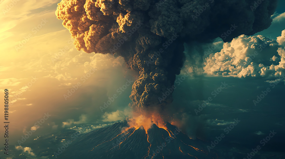Fototapeta premium stunning volcanic eruption viewed from safe distance, showcasing powerful lava and ash clouds against dramatic sky