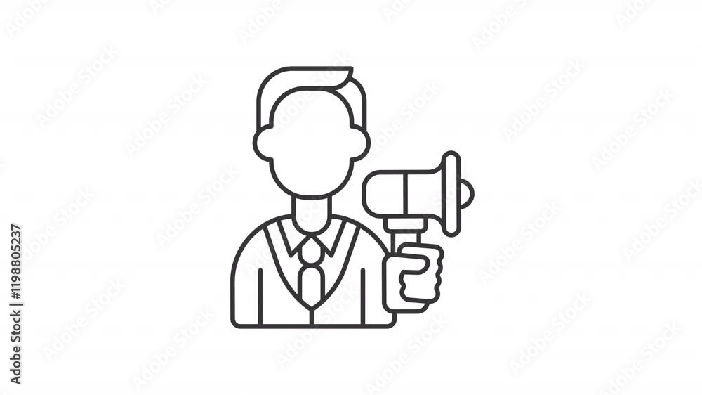 Promoter line animation. Advertising animated icon. Moving head, hand. Marketing organization, employee. Black illustration on white background. HD video with alpha channel. Motion graphic Promoter line animation. Advertising animated icon. Moving head, hand. Marketing organization, employee. Black illustration on white background. HD video with alpha channel. Motion graphic