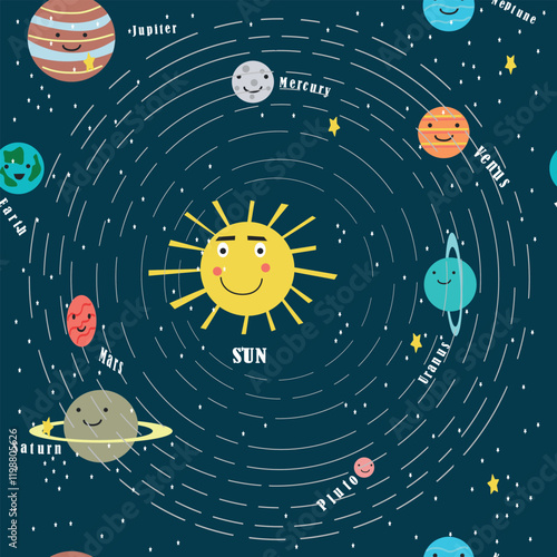 Galactic space seamless pattern with planets and stars. Children's illustration in flat style. Vector wallpaper background for children's room. Planets of the solar system on a white background.