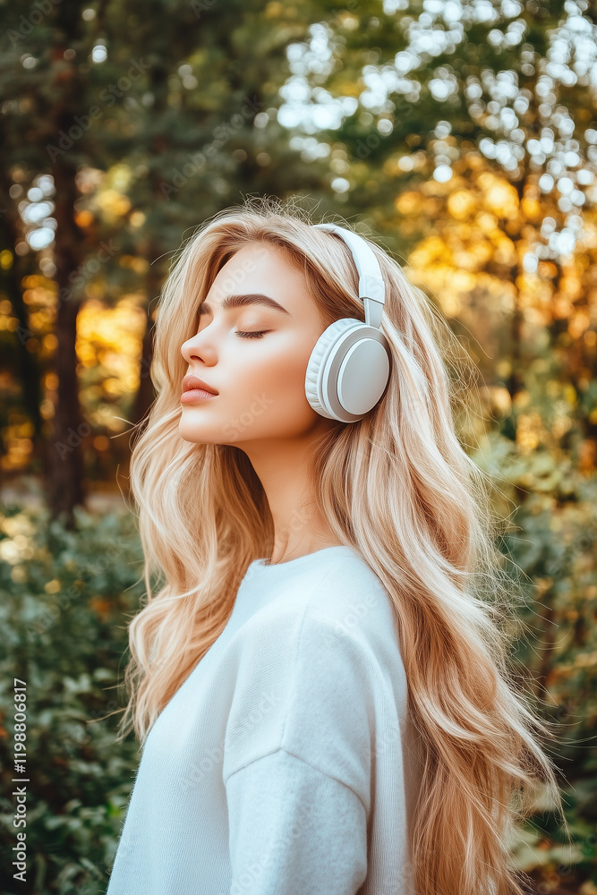 Naklejka premium Tranquil moment of a woman listening to music in a peaceful outdoor setting 