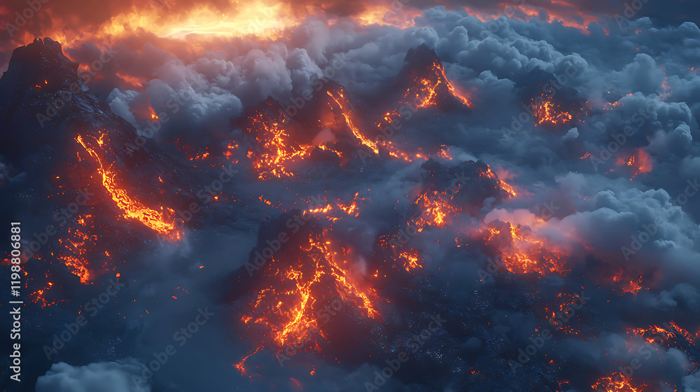 stunning volcanic eruption with fiery lava flows illuminating dark clouds. scene captures raw power of nature stunning volcanic eruption with fiery lava flows illuminating dark clouds. scene captures raw power of nature