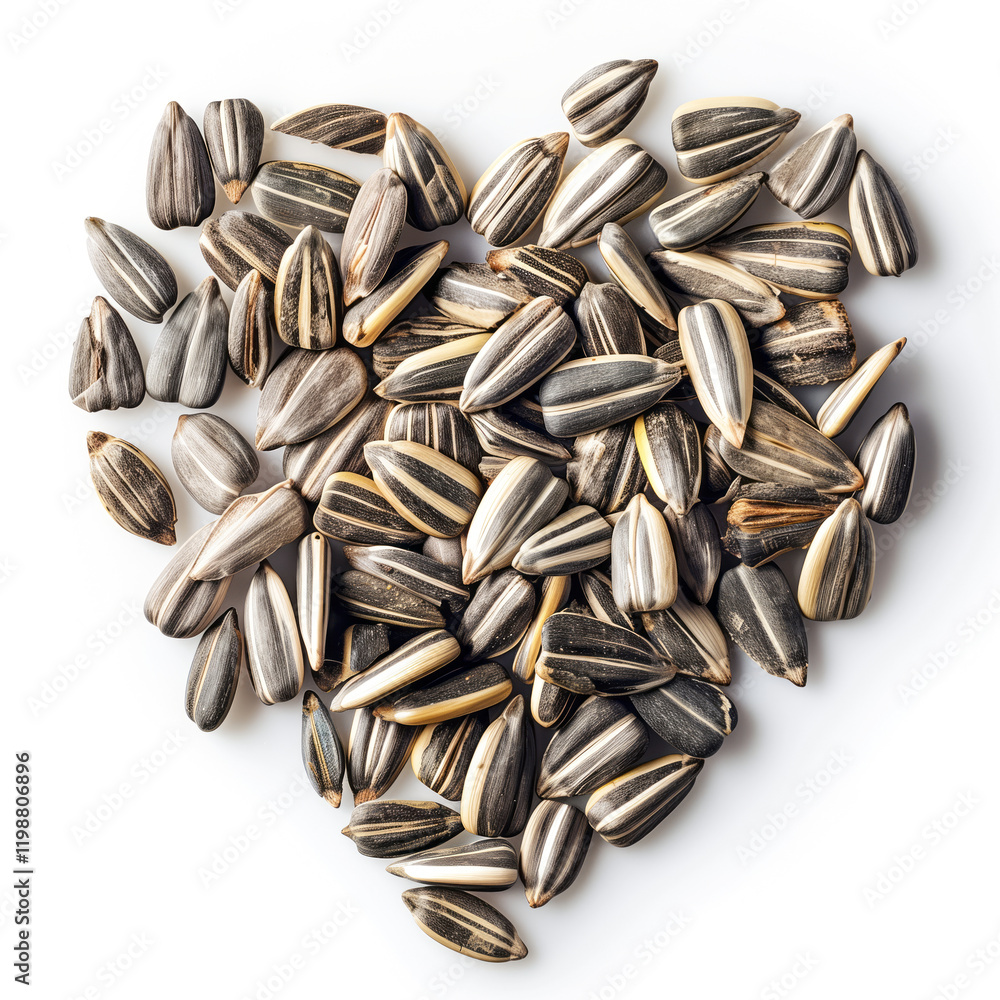 Sunflower seeds placed in a heart shape, on white background Sunflower seeds placed in a heart shape, on white background