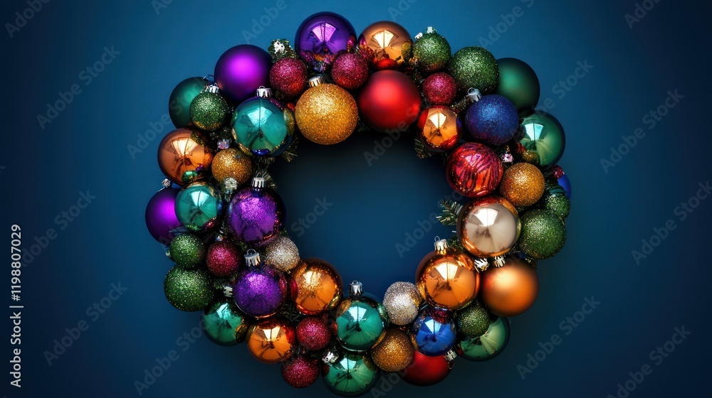 Creative holiday wreath made entirely of ornaments in colorful metallic shades for a bold statement Creative holiday wreath made entirely of ornaments in colorful metallic shades for a bold statement