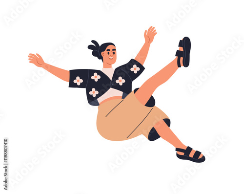 Happy woman flying in air, falling with carefree smile. Young female character enjoying fun flight, joyful excited emotion, positive expression. Flat vector illustration isolated on white background