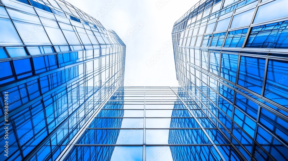 Obraz premium Low-angle view of two modern glass skyscrapers reaching for a bright sky.