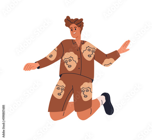 Happy man jumping up, flying in air with joyful smile. Young modern male in dynamic pose. Positive energy, joyous excited emotion, expression. Flat vector illustration isolated on white background
