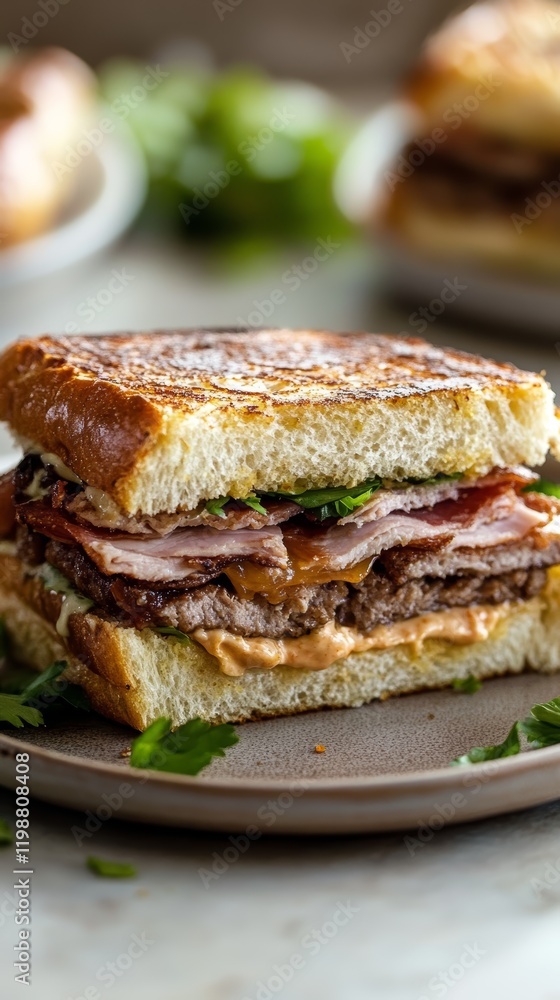 A delicious sandwich showcasing layers of meat and creamy peanut butter, garnished with fresh herbs, perfect for a satisfying meal or snack. A delicious sandwich showcasing layers of meat and creamy peanut butter, garnished with fresh herbs, perfect for a satisfying meal or snack.