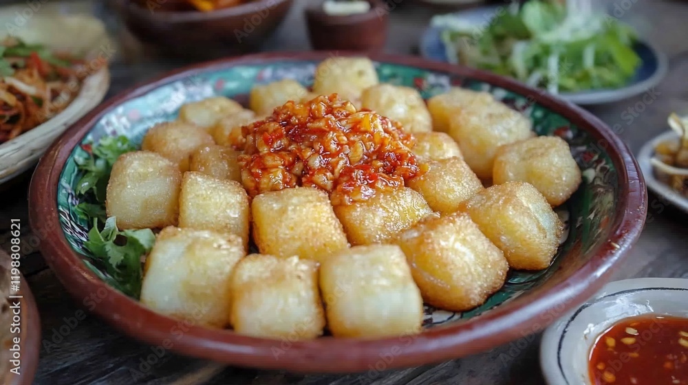 Delectable Fried Tofu Cubes with Spicy Chili Sauce Delectable Fried Tofu Cubes with Spicy Chili Sauce