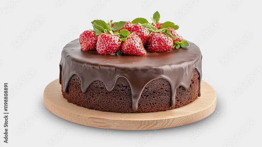 Chocolate Cake with Fresh Strawberries and Mint Leaves on Wooden Serving Board Chocolate Cake with Fresh Strawberries and Mint Leaves on Wooden Serving Board
