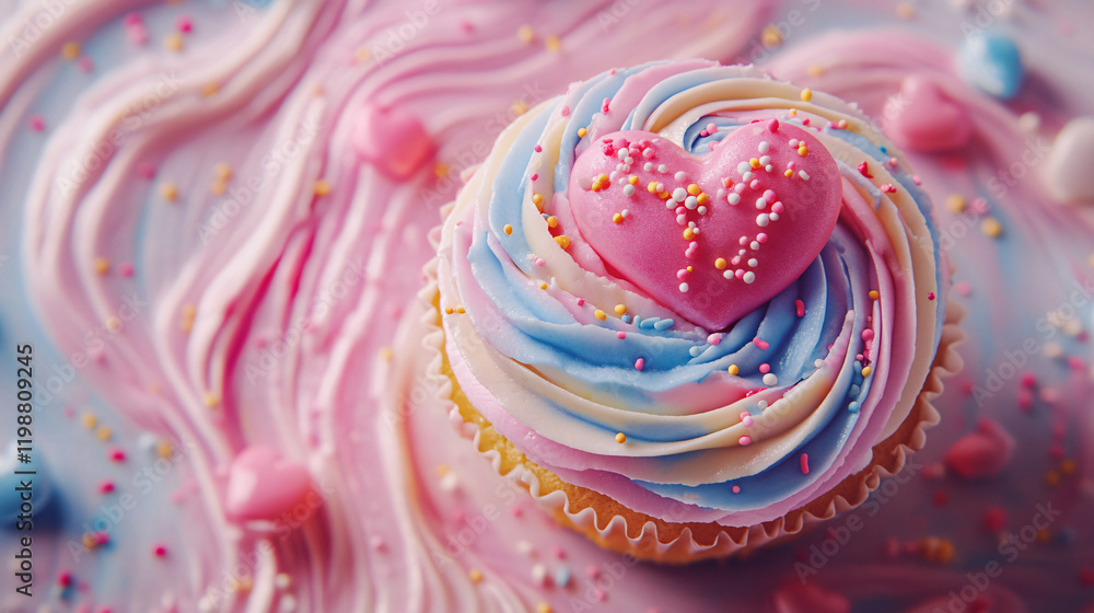 A cupcake topped with heart-shaped fondant decoration, surrounded by a swirl of pastel-colored icing and sprinkles. A cupcake topped with heart-shaped fondant decoration, surrounded by a swirl of pastel-colored icing and sprinkles.