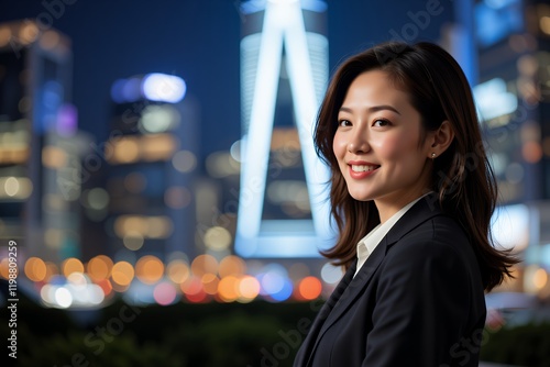 Confident Asian Businesswoman Smiling at Night in City