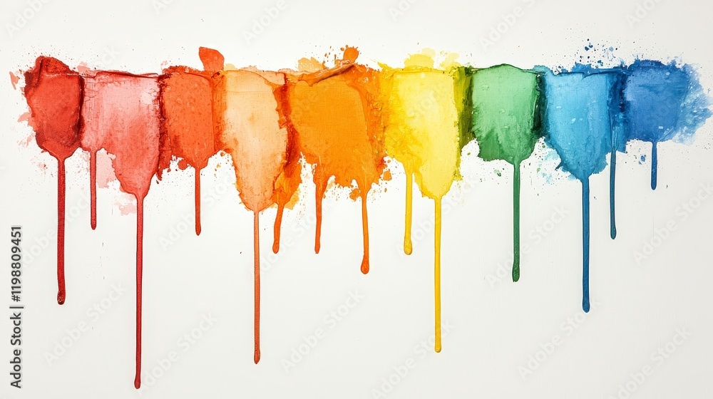 Fototapeta premium Colorful watercolor drips in vibrant rainbow hues forming a visually striking artistic background on a white canvas
