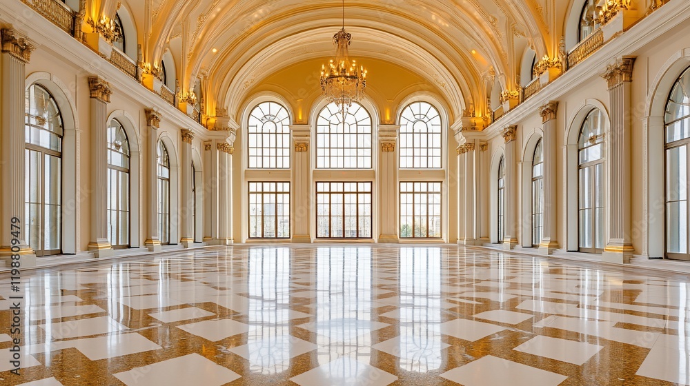Obraz premium Grand ballroom with high ceilings, arched windows, marble floor, and gold accents.