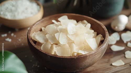 Close-up of Crispy Kerupuk Melinjo in Wooden Bowl photo