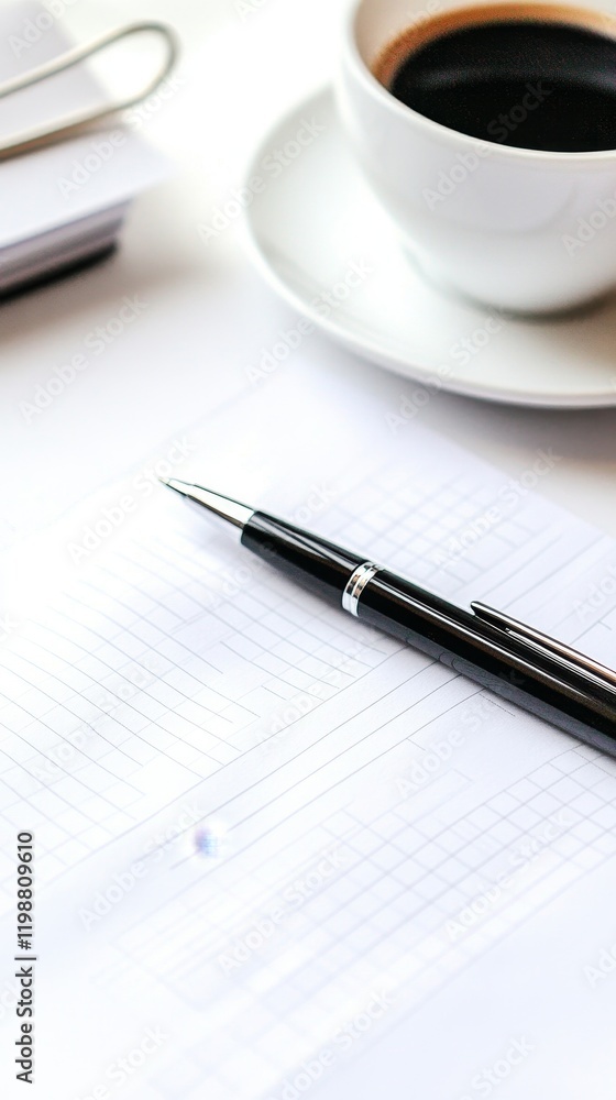 A pen is sitting on a sheet of paper with a cup of coffee next to it. The scene suggests a moment of relaxation or contemplation A pen is sitting on a sheet of paper with a cup of coffee next to it. The scene suggests a moment of relaxation or contemplation