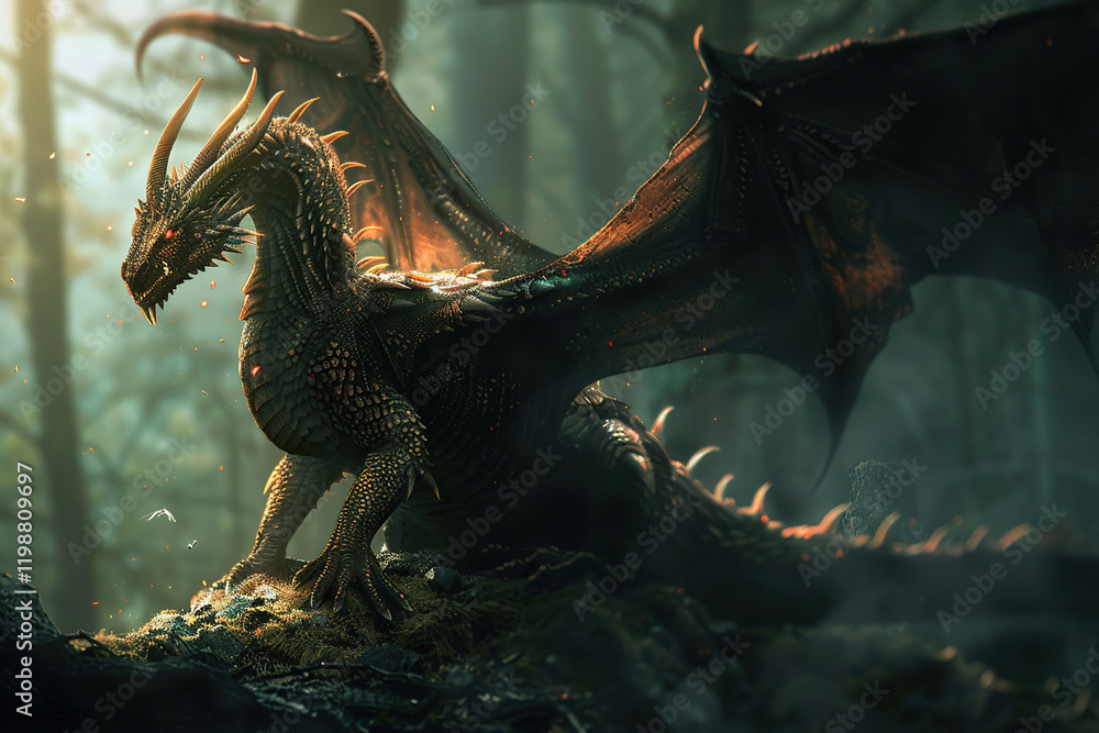 Fototapeta premium Fantastically beautiful mythological dragon with big wide wings, abstract vivid composition consists of fictional unreal fantastic vision on background