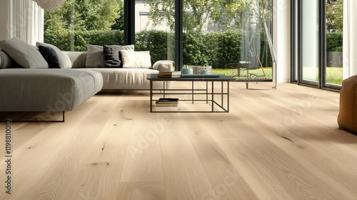 Light oak hardwood flooring in modern living room with large windows and grey sofa.