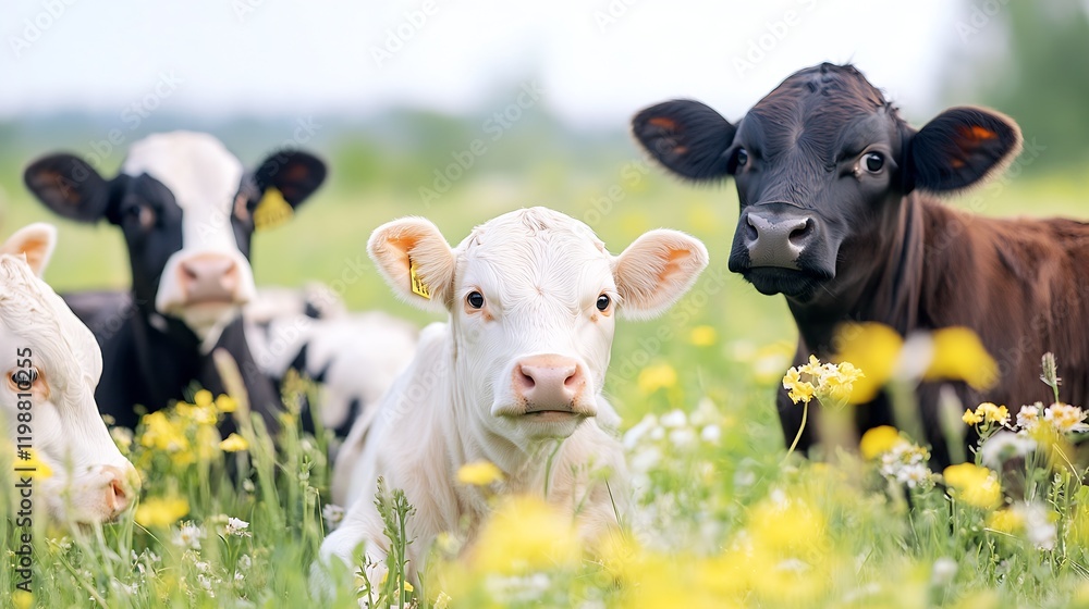 Obraz premium Curious Dairy Cows Grazing in Lush Pasture Among Wildflowers with Blue Sky Horizon : Generative AI