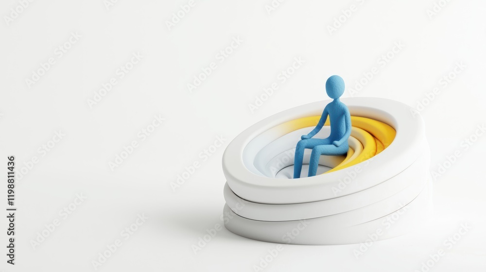 Playful plasticine figure sits in colorful layers studio render Playful plasticine figure sits in colorful layers studio render