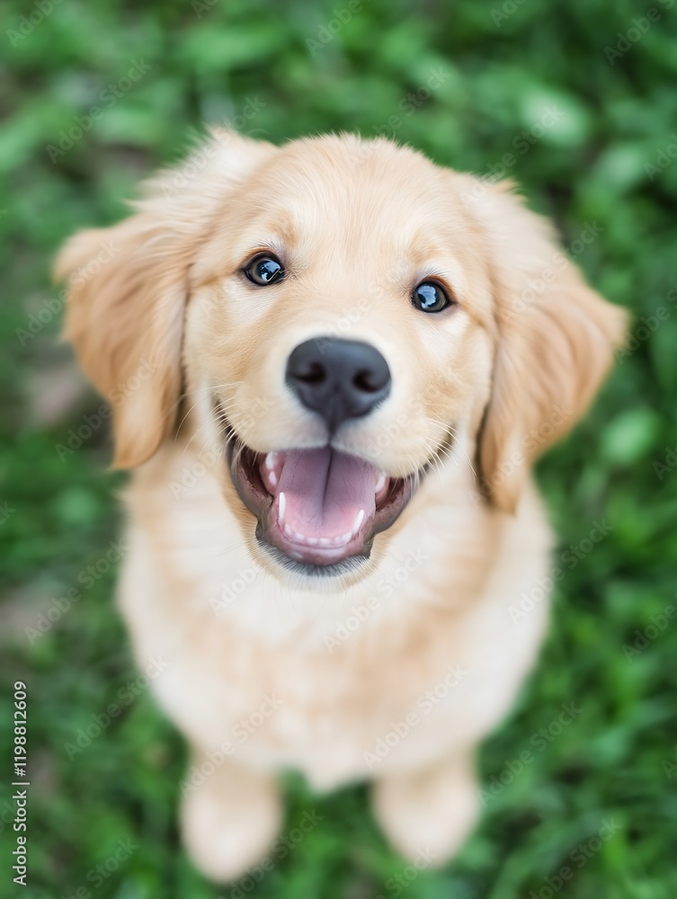 Happy Golden Retriever Puppy with Fluffy Fur and Playful Expression Sitting on Grass : Generative AI