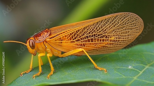 Close-up of an orange planthopper insect on a green leaf. photo