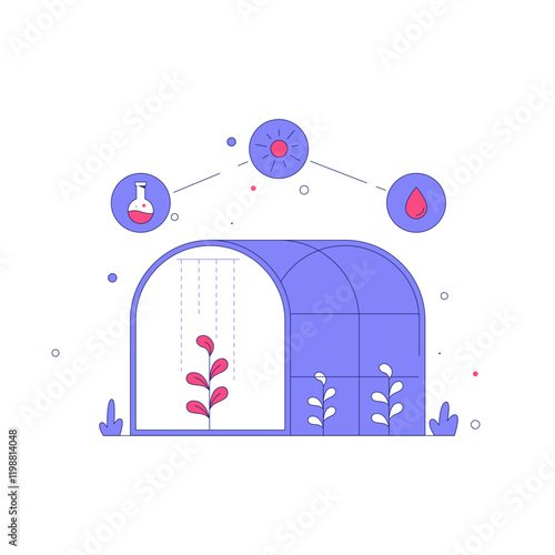 Greenhouse With Plants In Flat Vector Illustration Symbolizing Sustainable Agriculture, Indoor Gardening, And Hydroponics, Isolated On White Background