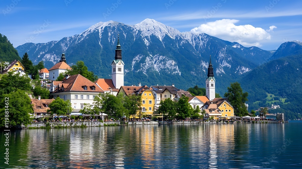Fototapeta premium Picturesque Austrian Village with Scenic Mountain and Lake Reflection : Generative AI