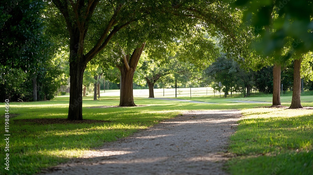 Obraz premium Sunlit Green Park Pathway with Tall Trees Peaceful Retreat : Generative AI