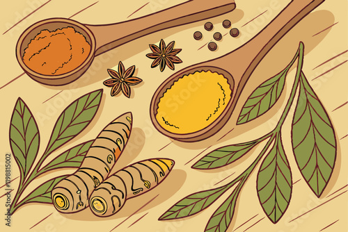 Vibrant turmeric spice, wooden spoons and scoops, fresh turmeric root, green leaves, orange powder, culinary ingredients, top-down view, rustic wooden background, scattered arrangement, warm color pal