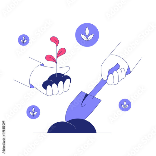 Planting Saplings With Shovel In Flat Vector Illustration Symbolizing Gardening, Sustainability, And Growth, Isolated On White Background.