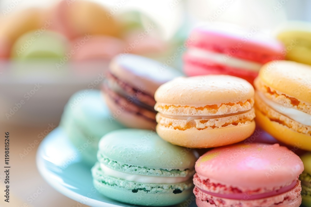 Colorful macarons displayed on a plate in soft natural light Colorful macarons displayed on a plate in soft natural light