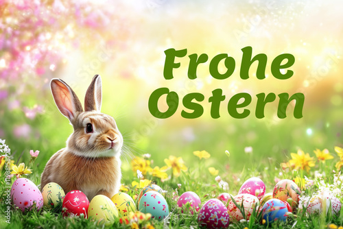 Frohe Ostern Grußkarte mit Osterhase und Ostereier Hase im Frühling photo