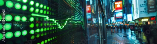 Wallpaper Mural Dynamic image of a stock market display with green graph over a busy city street with people walking and illuminated billboards at night. Torontodigital.ca