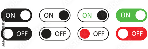 On and Off Toggle Switch Buttons with Lettering Modern Devices User Interface Mockup or Template - Green and red on White Background - Gradient Graphic Design