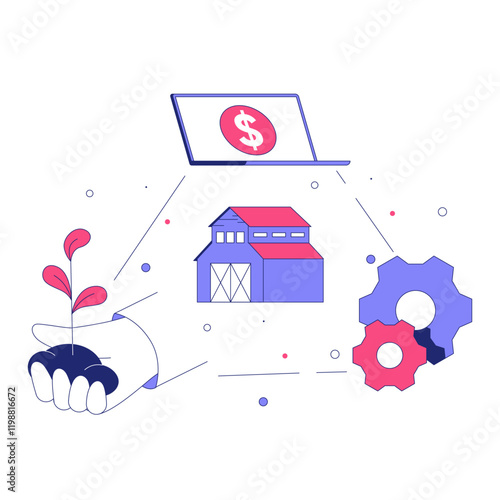 Digital Farming With Barn And Currency Symbols In Flat Vector Illustration Symbolizing Agritech And Smart Agriculture, Isolated On White Background.