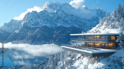 Modern glass house on snowy mountain cliff overlooking lake. photo