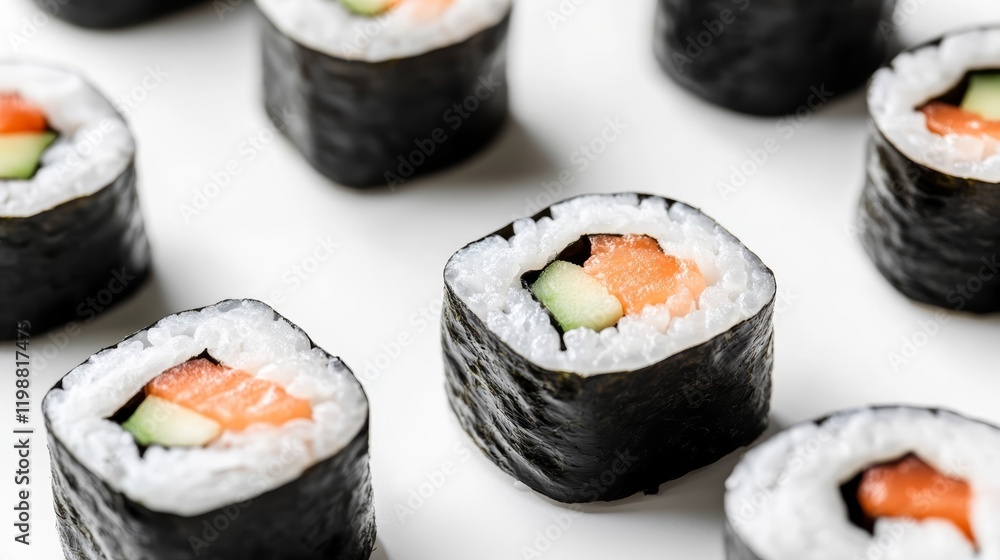 Delight in these visually appealing sushi rolls featuring fresh salmon and cucumber. Perfect for food lovers, these bites offer a healthy, delicious snack or meal option. Delight in these visually appealing sushi rolls featuring fresh salmon and cucumber. Perfect for food lovers, these bites offer a healthy, delicious snack or meal option.