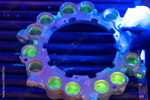 Aerospace NDT Inspection Showing Fluorescent Penetrant Testing of Brake Assembly. UV illumination reveals surface discontinuities in aircraft brake piston housing during quality control photo