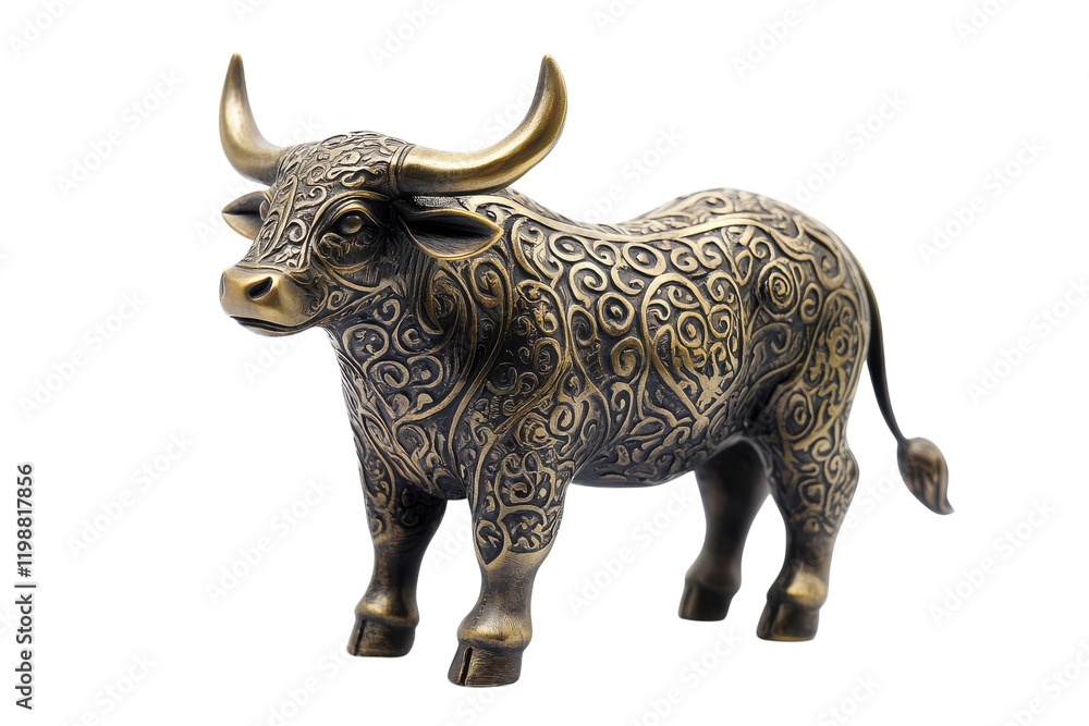 Fototapeta premium Beautifully crafted decorative bronze bull figurine with intricate detailing and lifelike features displayed against a plain background
