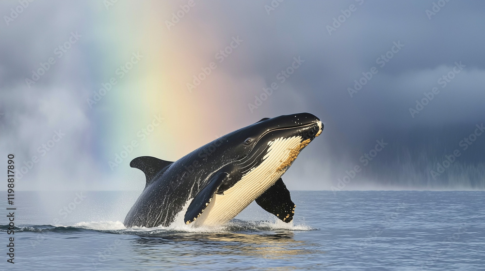 Obraz premium Whale breaching with rainbow mist over serene ocean backdrop