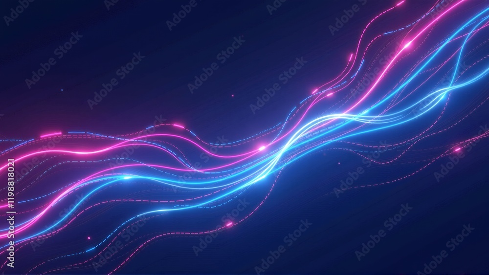 Obraz premium Neon Wave Abstract: Glowing Pink and Blue Lines Dance in Dark Space