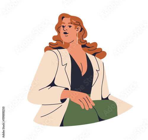 Confident business woman in modern stylish outfit. Young female office worker in elegant trendy style. CEO, employee portrait looking with proud. Flat vector illustration isolated on white background