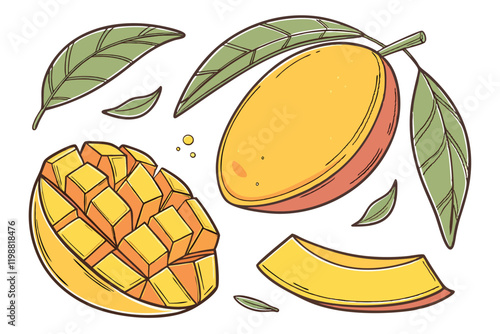 Vibrant watercolor mangoes, botanical illustration style, whole and sliced mangoes, mango cubes, floating mango leaves, bright yellow and orange fruits, white background, fresh tropical fruit, juicy m