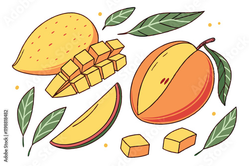 Vibrant watercolor mangoes, botanical illustration style, whole and sliced mangoes, mango cubes, floating mango leaves, bright yellow and orange fruits, white background, fresh tropical fruit, juicy m